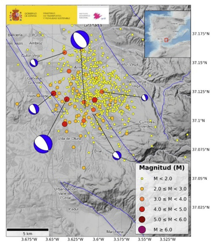 Mapa que recoge la serie símica que afecta a La Vega de Granada desde el 14 de agosto de 2016 y actualizado hasta el miércoles 19 de agosto a mediodía (IGN)