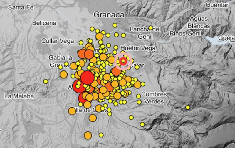 Mapa que refleja el área epicentral de la serie sísmica de Alhendín (Granada) de mediados de agosto de 2026 y los seísmos registrados hasta el mediodía del viernes 21 de agosto (IGN) Mapa que refleja el área epicentral de la serie sísmica de Alhendín (Granada) de mediados de agosto de 2026 y los seísmos registrados hasta el mediodía del viernes 21 de agosto (IGN)
