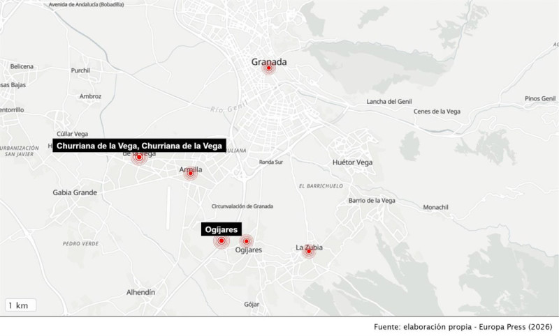Mapa de los seísmos registrados durante la madrugada en la provincia de Granada (EUROPA PRESS)