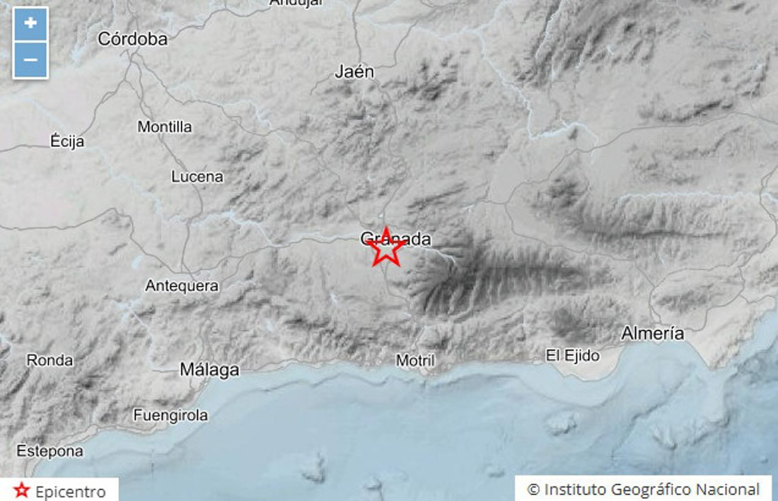 Mapa de la provincia de Granada que señala el epicentro de un terremoto registrado en Huétor Vega (IGN)