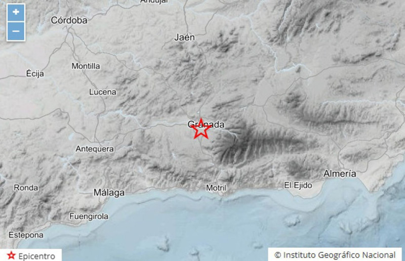 Mapa de la provincia de Granada que señala el epicentro de un terremoto registrado en Huétor Vega (IGN)