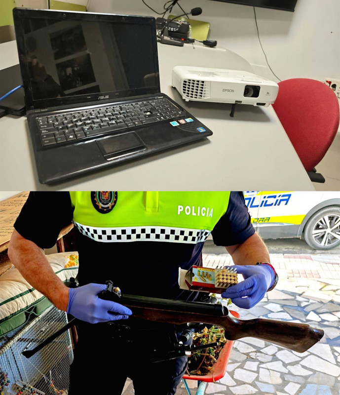 La Policía Local de Íllora se ha incautado de un ordenador portátil, un proyector robado en el centro de salud de la localidad y una carabina de aire comprimido modificada para disparar proyectiles de 9mm (POLICÍA LOCAL DE ÍLLORA) La Policía Local de Íllora se ha incautado de un ordenador portátil, un proyector robado en el centro de salud de la localidad y una carabina de aire comprimido modificada para disparar proyectiles de 9mm (POLICÍA LOCAL DE ÍLLORA)